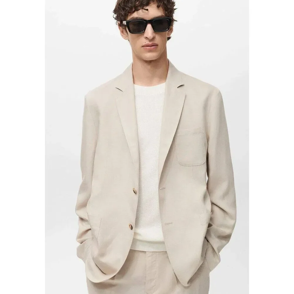 MNG by MANGO $250 Delave Smart Slim Fit Linen Lyocell Blazer Ecru Mens 46 NEW